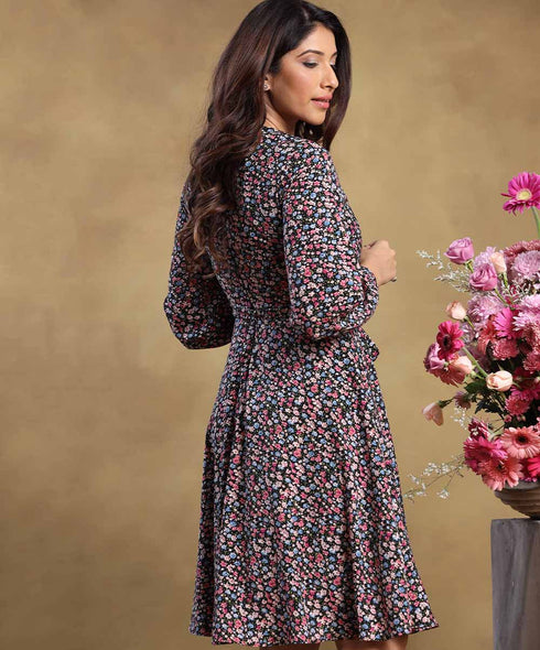 Long Balloon Sleeved Printed Dress
